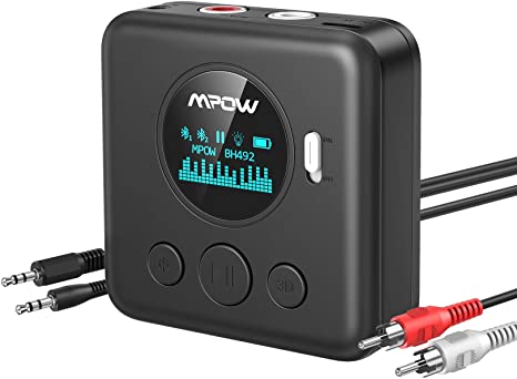 [Upgraded] Mpow Bluetooth Audio Adapter, Bluetooth 5.0 Receiver with OLED Screen and 3D Sound for Home Stereo System,(Low Latency, AUX/RCA Audio Input, Pairing with 2 Devices at Once)