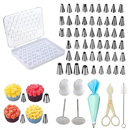 Cake Decorating Supplies,Thsinde 59 Packs Cake Decorating with Piping Nozzles, Silicone Pastry Bags,Flower Nails,Reusable Connector Flower Lifter,1 Cleaning Brush&Cake Cupcake Cookies Frosting Set Kit