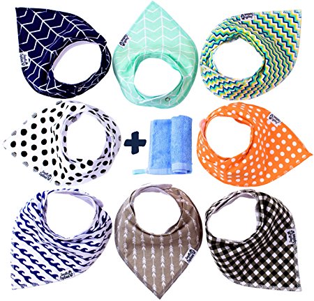 Baby Bandana Drool Bibs For Boys + Bamboo Washcloth by Small Explorer – 8 Pack Unisex Baby Bibs for Teething, Drooling - 100% Organic Cotton, Super Soft, Absorbent and Hypoallergic Gift Set