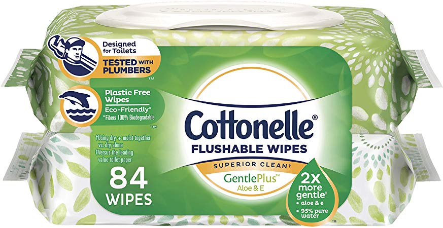 Cottonelle GentlePlus Flushable Wet Wipes, 2 Flip-Top Packs, 42 Wipes per Pack (84 Wipes Total), Aloe & Vitamin E