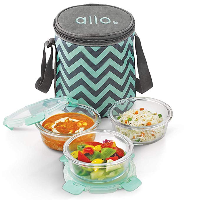 Allo FoodSafe Microwave Safe Glass Lunch Box with Break Free Detachable Lock | 450°C Oven Safe High Borosilicate | Office Tiffin with Chevron Mint Flat Bag | Set of 3, Round 390ml