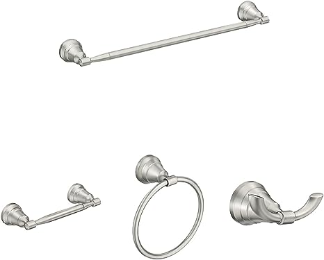 Moen Halle Bath Accessories Bundle with MY0324BN 24-inch -Towel Bar, MY0308BN Double Post Pivoting Toilet Paper Holder, MY0386BN Single Post Bathroom Hand-Towel Ring, and MY0303BN Double Robe Hook