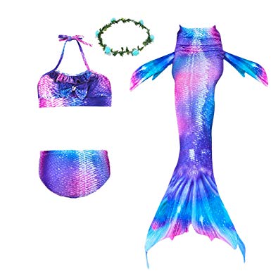 Ubetoone 3Pcs Mermaid Tails for Girls Swimming Costume Party Supplies Swimsuit Swimwear Bikini for 3-12Y
