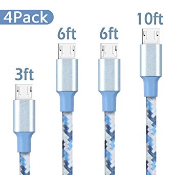 Vanzon Micro USB Cable,4Pack 3FT/6FT/6FT/10FT Long Premium Nylon Braided Android Charger USB to Micro USB Charging Cable Samsung Charger Cord for Samsung Galaxy S7 Edge/S7/S6/S4/S3,Note 5/4/3 (Blue)