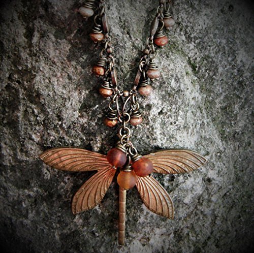 Dragonfly in Amber Necklace-Ant Brass Dragonfly, Baltic Amber Beads, Czech beads