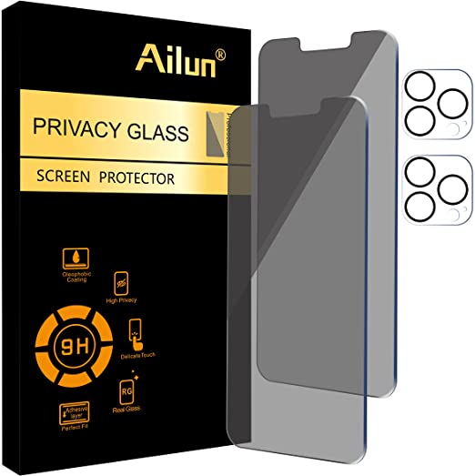 Ailun 2Pack Privacy Screen Protector Compatible for iPhone 13 Pro[6.1 inch Display]   2 Pack Camera Lens Protector,Tempered Glass Film,[9H Hardness] - HD[Black] [Not for iPhone 13 Pro Max]