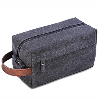 Lucky Rain Canvas Travel Toiletry Bag, Dopp Kits with Genuine Leather Handle