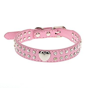 Urparcel 2 Rows Rhinestone Bling Heart Studded Leather Dog Collar For Small Or Medium Pet Collar (Pink, Small)
