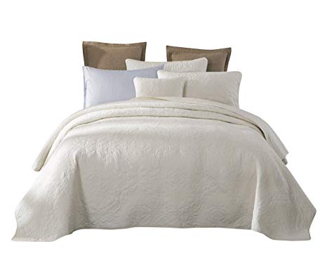 Tache 3 Piece Powder Snow Cotton Matelasse Solid Ivory Off White Quilt Bedspread Set, King