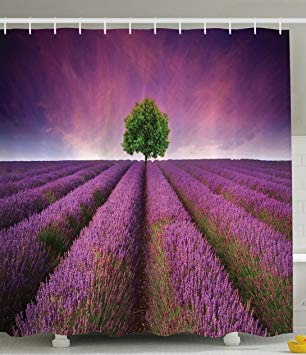 Ambesonne Purple Shower Curtain by, Decorations Lavender Fields Panoramic Digital Print Tree of Life Magical Heaven Violet Sky Polyester Fabric Shower Curtain, Purple Green