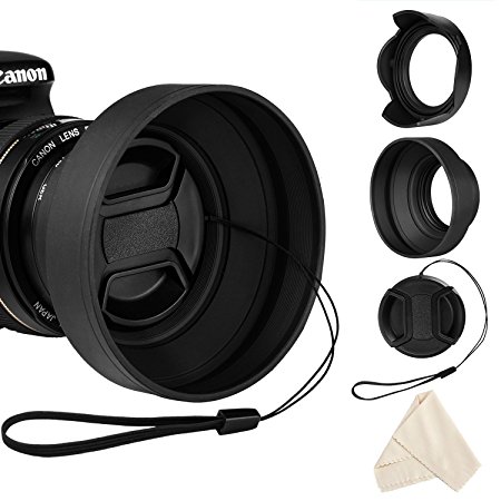 Veatree 55mm Lens Hood Set, Collapsible Rubber Lens Hood with Filter Thread   Reversible Tulip Flower Lens Hood   Center Pinch Lens Cap   Microfiber Lens Cleaning Cloth