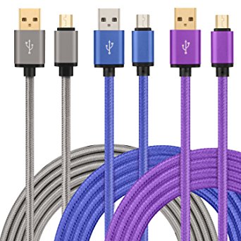 Micro USB Charger Cable 10ft, BEST4ONE 3-Pack Extra Long Braided with Gold Plated Connector Samsung Charging Cord for Galaxy S6 S7 Edge, Moto G4 G5 X, HTC M8 M9, Nokia, Blackberry (Blue/Gray/Purple)