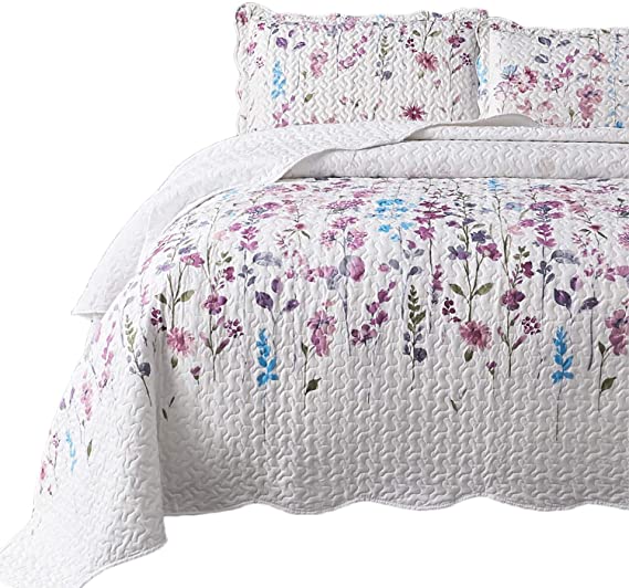 Bedsure King Quilt Set Bedspreads King Size Coverlet, Lilac Flower Pattern, Lightweight Design , 1 Quilt and 2 Pillow Shams
