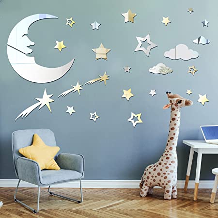 82 Pieces Moon and Stars Mirror Decals Removable 3D Acrylic Mirror Stickers Moon and Stars Wall Stickers Home Decor for Living Room Kids' Room Nursery Decoration