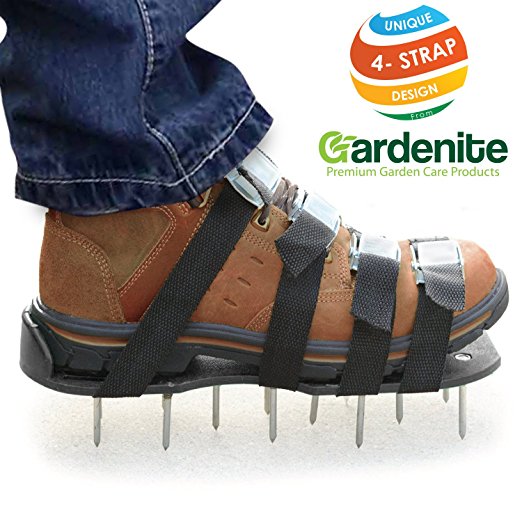 Premium Nylon ( Not Plastic ) Heavy Duty Lawn Aerator Shoes - 4 Adjustable Straps and Metal Buckles - Nylon Aeration Sandals with Zinc Alloy Buckles - Extra Spikes and Bonus Wrench Included