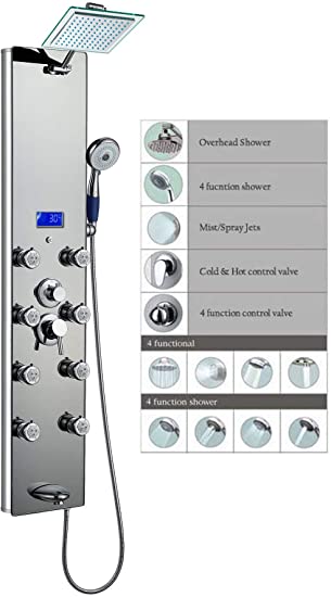 Blue Ocean 52" Aluminum SPA392M Shower Panel Tower with Rainfall Shower Head, 8 Multi-functional Nozzles