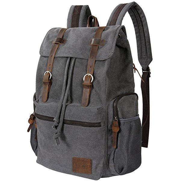 Lifewit 17 Inch Canvas Laptop Backpack Unisex Vintage Leather Casual Hiking Rucksack Women Travel School Bags