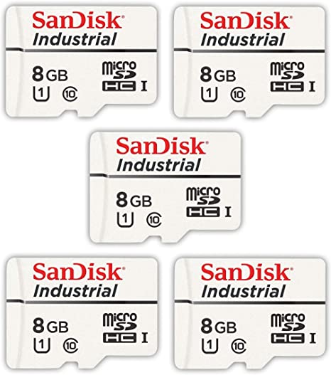 SanDisk Industrial 8GB Micro SD Memory Card Class 10 UHS-I MicroSDHC (Bulk 5 Pack) in Cases (SDSDQAF3-008G-I) Bundle with (1) Everything But Stromboli Card Reader