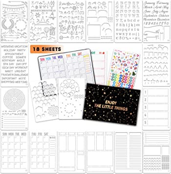 Bullet/Dotted Journal Stencils Set – 18 PCS Bullet Journaling Supplies/Accessories, 5.1" x 7.9" Planner Stencils for Painting with Monthly/Weekly/Daily Calendar, Letter Stencils, DIY Drawing Templates