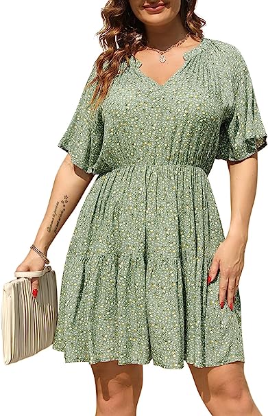 Nemidor Womens Plus Size Floral Print Boho Casual Layered Swing Skater Dress with Pocket NEM299