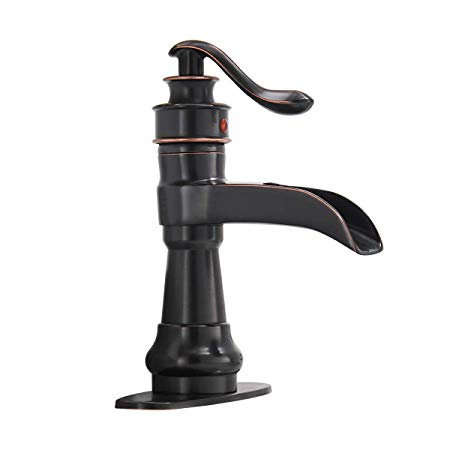 Bathlavish Bathroom Sink Faucet Oil Rubbed Bronze Waterfall Single Handle Vanity One Hole Lavatory Dark Basin Faucets Deck Mount Commercial Mixer Tap Matching Cover Plate Lead-Free