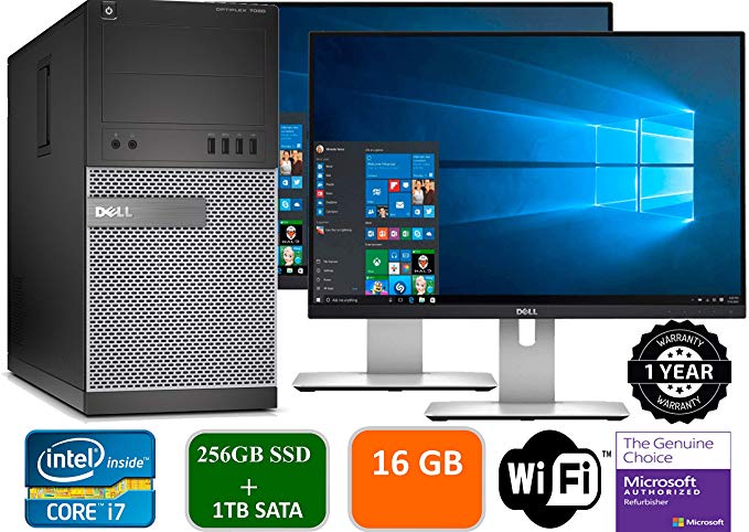 Dell Optiplex 9020 Mini Tower Desktop PC, Intel Core i7-4770, 16GB Ram, 2TB SATA Drive   256GB SSD WiFi, DVD-RW, Dual 22" LCD, Windows 10 Pro (Renewed)