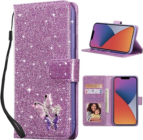 UEEBAI Wallet Case for iPhone 15 6.1 inch, Premium Glitter PU Leather Phone Case Card Slots Kickstand Case Magnetic Closure Bling Flip Case Shockproof Hand Strap Flip Cover - Purple