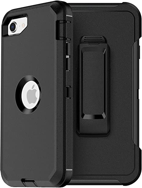 MXX iPhone SE 2020 Heavy Duty Protective Case with Screen Protector [3 Layers] Rugged Rubber Shockproof Protection Cover & Rotating 360 Degree Belt Clip for Apple iPhone SE 2020 (Black)