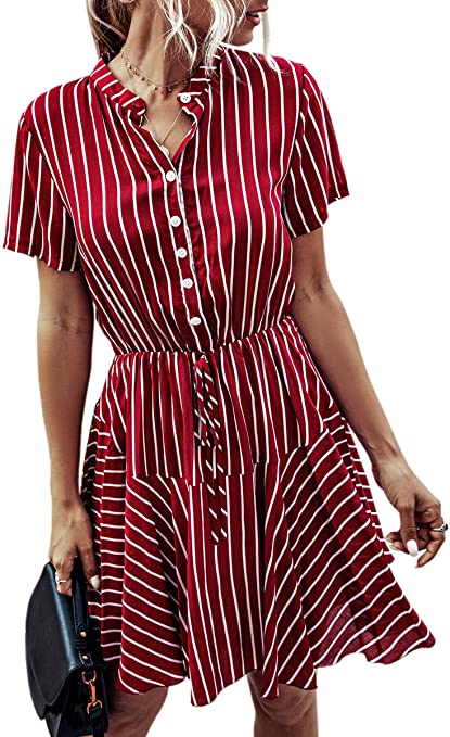 Angashion Women's Dresses-Work Casual Short Sleeve Printed Button A Line T Shirt Skater Mini Dress