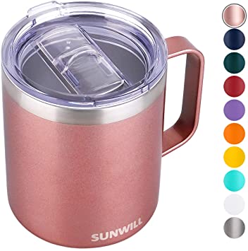 SUNWILL Coffee Mug with Handle, 14oz Insulated Stainless Steel Coffee Travel Mug, Double Wall Vacuum Reusable Coffee Cup with Lid, Rose Gold