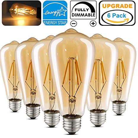 LED Edison Light Bulb Dimmable Antique Decorative Light Bulbs Amber ST64 4W (40W Equivalent) E26 Medium Base Squirrel Cage LED Bulbs Warm White 2700K for Wall Sconces Pendant Lighting Pack of 6