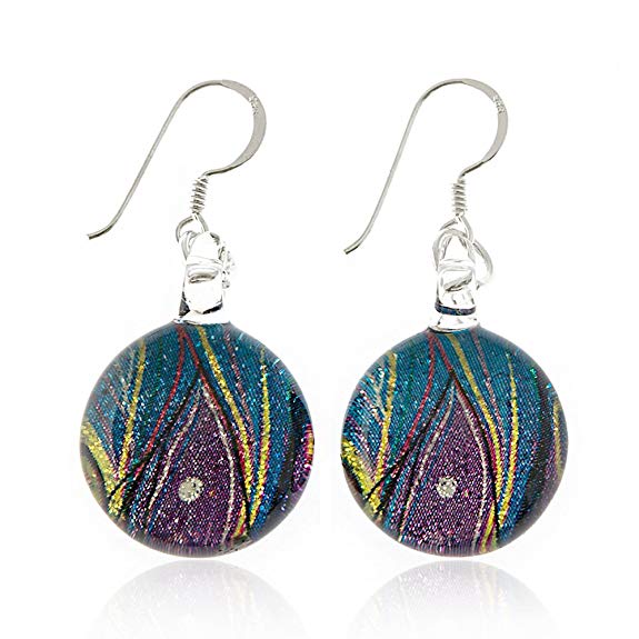 925 Sterling Silver Hand Painted Murano Glass Multi-colored Peacock Feather Round Dangle Earrings