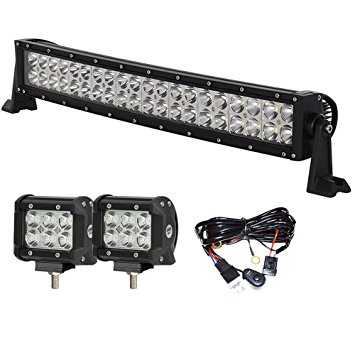 EasyNew® 20" Inch 120W 10-30V Curved LED Work Light Bar IP68 Waterproof Flood Spot Combo Beam for Offroad SUV UTE ATV Truck with 2PCS 18W LED work lights and Wiring Harness and Mounts