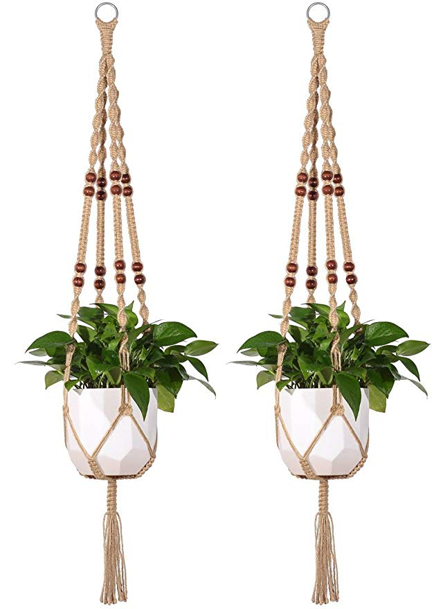 Mkono 2 Pcs Macrame Plant Hanger Indoor Outdoor Hanging Planter Basket Jute Rope with Beads 4 Legs 48 Inch