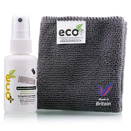 Ecomoist Natural Keyboard and Mouse cleaner. 50Ml comes with High Quality Microfiber Towel. Best for Keyboards, Mouse, Pads, joysticks, game consoles etc. Kills 99.99% of all germs. Green Product. Made in UK.