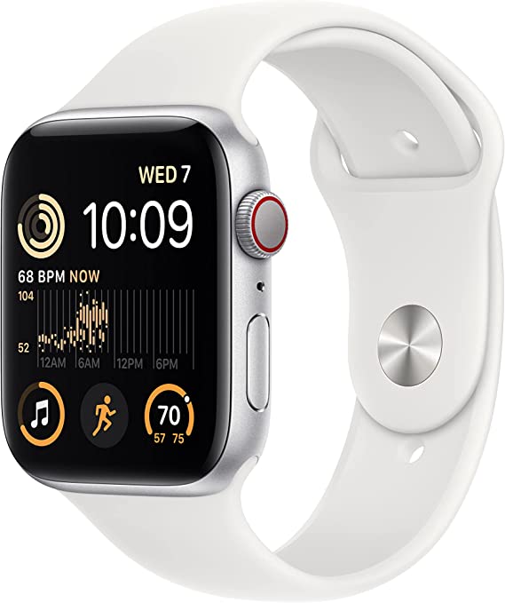 Apple Watch SE (2nd Gen) [GPS   Cellular 44mm] Smart Watch w/Silver Aluminum Case & White Sport Band - S/M. Fitness & Sleep Tracker, Crash Detection, Heart Rate Monitor, Water Resistant