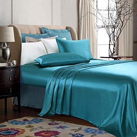 ARTALL Silky Super Soft 4 Piece Deep Pocket Satin Sheet Set, King Size Teal