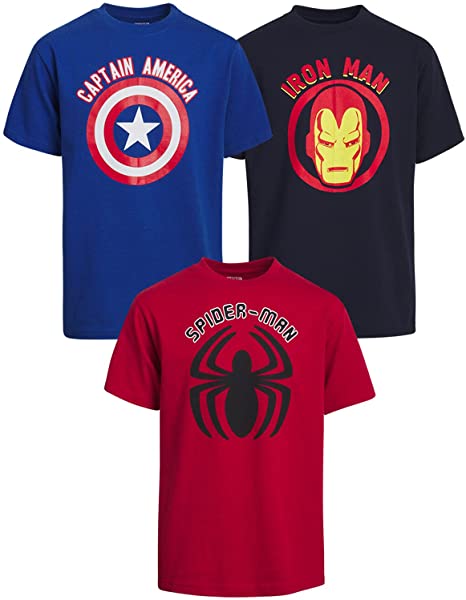 Marvel Boys Avengers T-Shirt 3 Pack - Iron Man, Captain America, Spider-Man Big Face Superheroes (Toddler/Little/Big Boys)