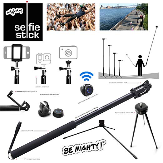 MIGHTY Selfie Stick - w Bluetooth Remote, Steel Tripod Base, Extends 26-120 inches for EPIC VIDEO for Vlogging on iPhone X/8/7/6/Plus, Samsung S7/S8, Android, GoPro & Compact Digital.