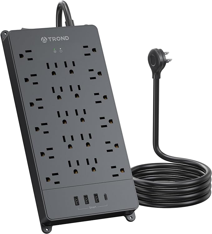 TROND Surge Protector Power Bar, 22 Widely Spaced Outlets 4 USB Ports (1 USB C), 10ft Long Extension Cord Indoor, 4000 Joules, ETL Listed, Flat Plug Power Strip, Wall Mount for Home Office Accessories