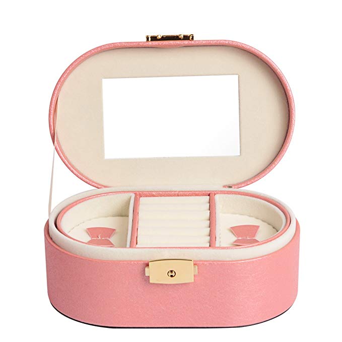 Small Travel Jewelry Box Organizer for Girls Ladies - Faux Leather & Soft Beige Velvet Earring Ring Necklace Watch Storage Case Holder (Pink (UPGRADED))