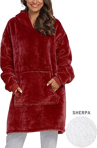 Newtion Oversized Blanket Sweatshirt, Wearable Blanket, Soft Warm Oversized Fleece Hoodie Blanket with Large Front Pocket, for Adults, Men, Women, Teens, Red