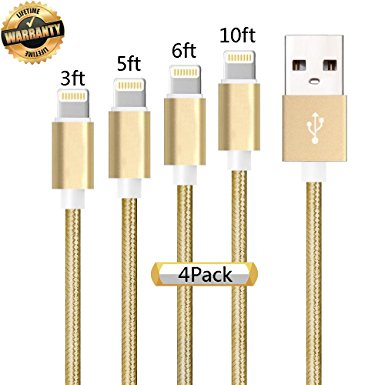 iPhone Cable 4Pack 3FT 5FT 6FT 10FT, GUIGUI Extra Long Nylon Braided Charging Cord Lightning Cable to USB Charger for iPhone 7, 7 Plus, 6S, 6, SE, 5S, 5, iPad, iPod Nano 7 - Gold