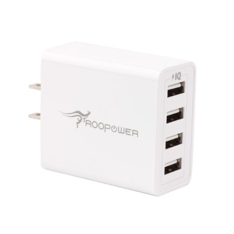 USB Charger,Roopower 25 Watt 5A Portable 4 Ports Wall Charger Charging Station with Smart IC and Auto Detect Technology for iPhone,Samsung, iPad ,Tablet, iPod,Camera,GPS and more －White