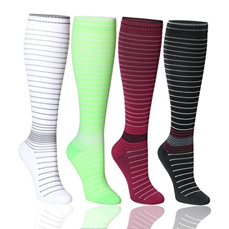 Compression Socks for Men & Women – 4 Pairs Graduated 15-20 mmHg Knee High Compression Socks Best for Athletic, Running, Medical, Pregnancy, Crossfit and Travel. (Mix2-strip, 4 pairs, Large/X-Large)