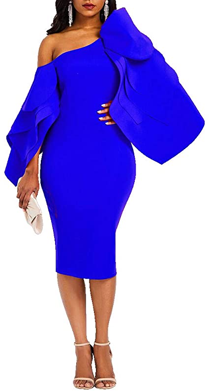 VERWIN Bodycon Dress Knee-Length Ruffle Sleeve Off Shoulder Evening Dress