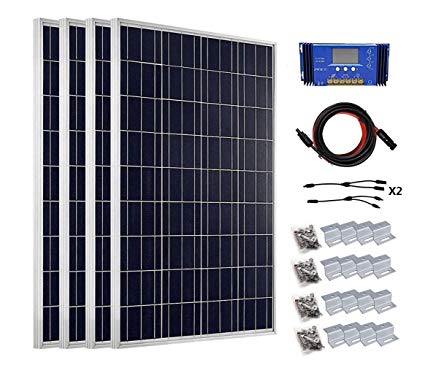 ECO-WORTHY 400 Watts Solar System Kit: 4pcs 100W Poly Solar Panel   60A PWM Charge Controller   Solar Cable Adapter   Z Mounting Brackets   Y Branch MC4 Connectors