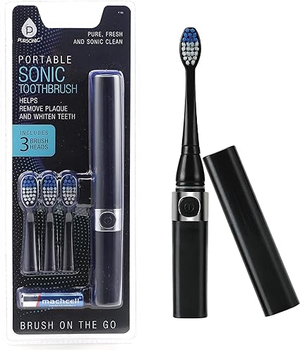 Pursonic Portable Sonic Toothbrush Battery Operated, Battery Included, 3 Brush Heads Included, 22,000 Strokes Per Minute, Brush On The Go