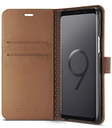 Spigen Wallet S Galaxy S9 Case with Foldable Synthetic Leather with Kickstand Feature and Card Slot for Samsung Galaxy S9 (2018) - Coffee Brown