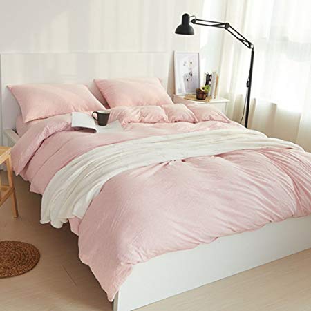 DOUH 3 Pieces Bedding Duvet Cover Sets Jersey Knit Cotton 1 Duvet Cover and 2 Pillow Shams Soft Comfy Breathable&Lightweight Pink King Size